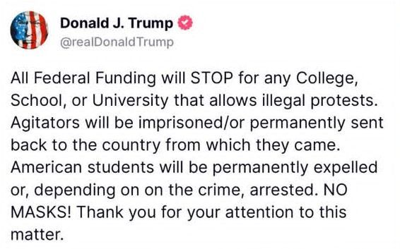 Donald Trump says he'll jail agitators and cut all federal fundings for any college or University that allows illegal protests against his government